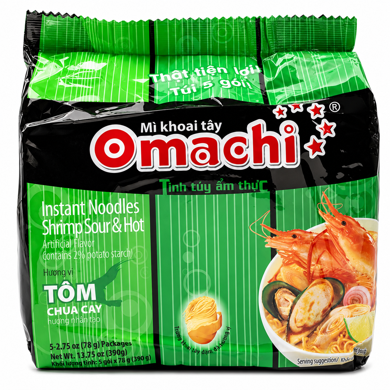 Omachi Instant Potato Noodles Shrimp Sour & Hot Flavor 5 Pack 78g