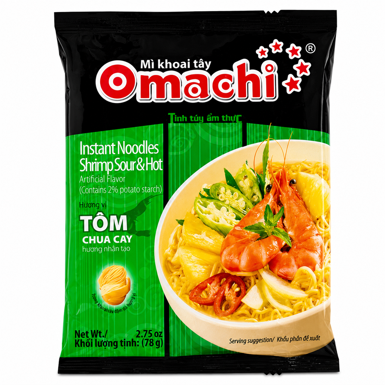 Omachi Instant Potato Noodles Shrimp Sour & Hot Flavor 30 Pack 78g